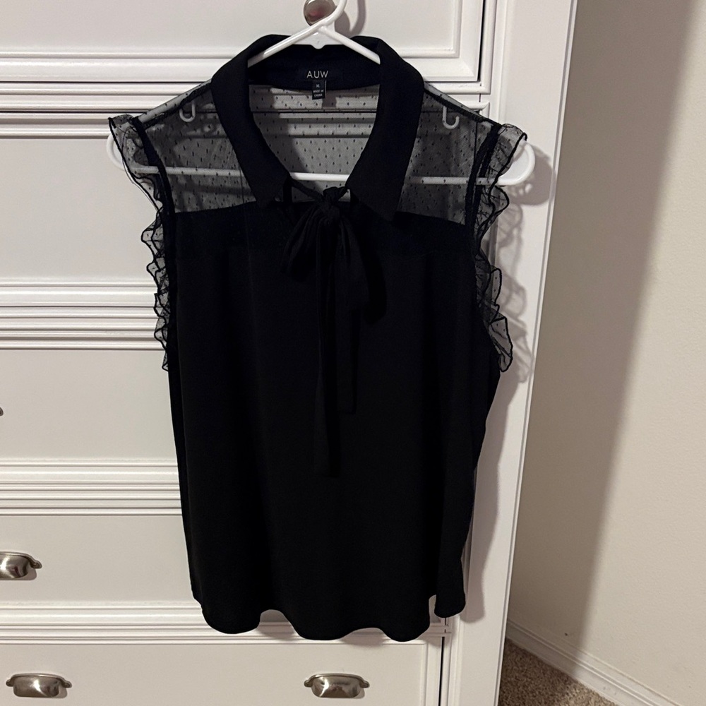 AUW Black Sleeveless Tie-Neck Blouse with Sheer Dot Yoke and Ruffle Trim